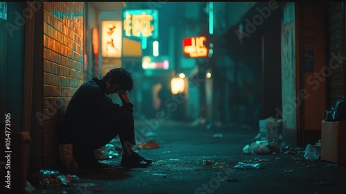 A lone man sits on a dirty street in a dark alleyway, surrounded by trash and neon lights.