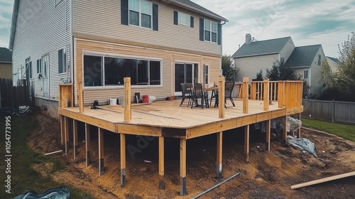 New wooden deck under construction at a residential home, showcasing outdoor living space. photo