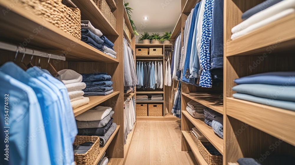 Obraz premium Walk-in closet with shelves full of clothes. This image is great for showcasing organization tips, home decor, and interior design.