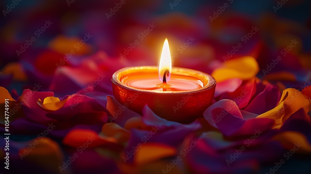 Close-up of Glowing Diya Surrounded by Petals Close-up of Glowing Diya Surrounded by Petals