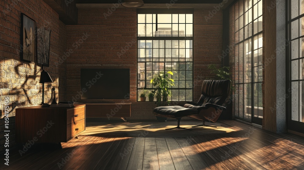 A cozy, modern living room with large windows, plants, and warm lighting. A cozy, modern living room with large windows, plants, and warm lighting.