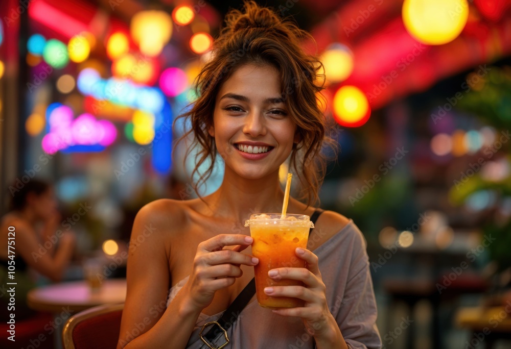 Playful Young Woman Enjoying Iced Coffee at Outdoor Café Playful Young Woman Enjoying Iced Coffee at Outdoor Café