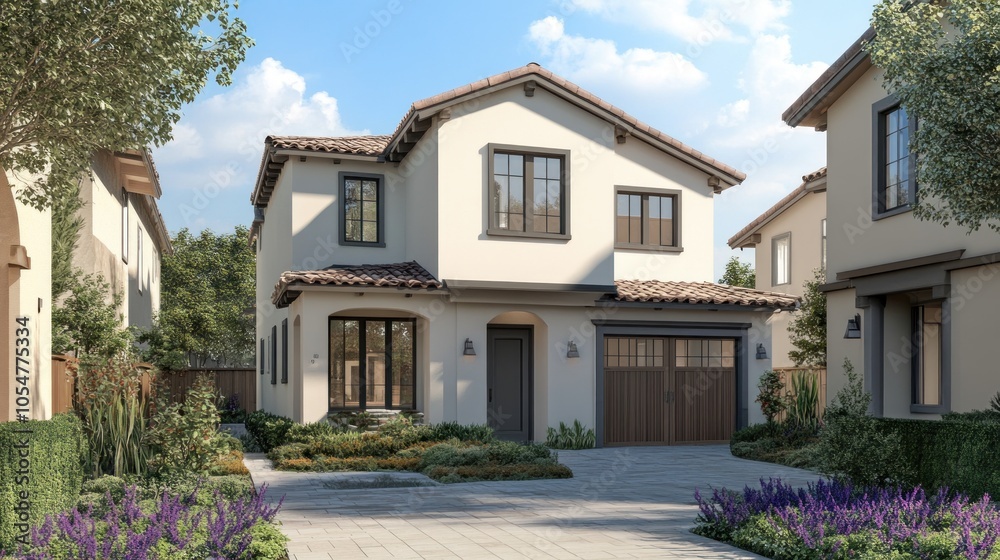 A modern two-story house with a landscaped front yard and driveway. A modern two-story house with a landscaped front yard and driveway.