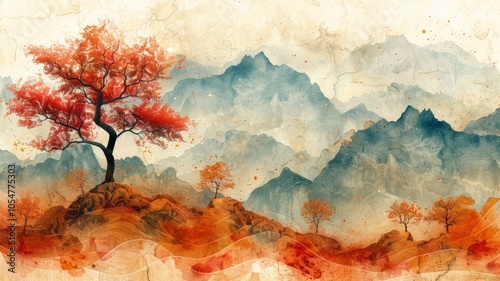 Abstract Collage Art with Vibrant Autumn Trees and Mountains in Watercolor Style