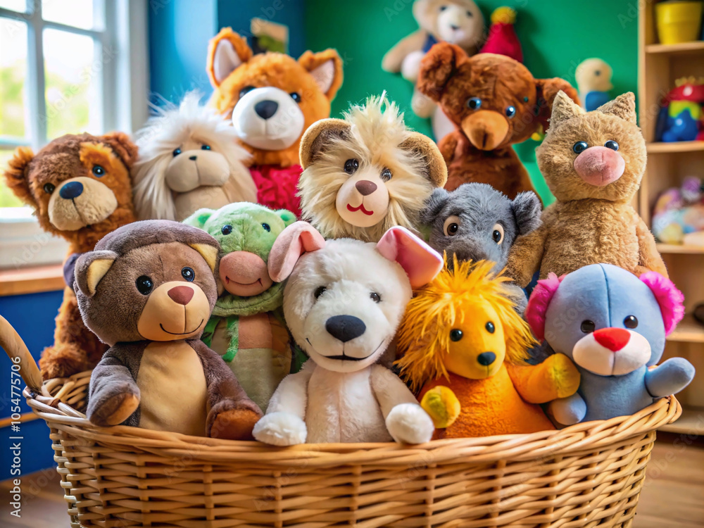 collection of plush animal puppets arranged upright in a small toy basket collection of plush animal puppets arranged upright in a small toy basket
