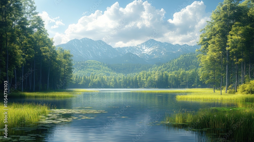 Serene landscape featuring mountains and a tranquil lake. Serene landscape featuring mountains and a tranquil lake.