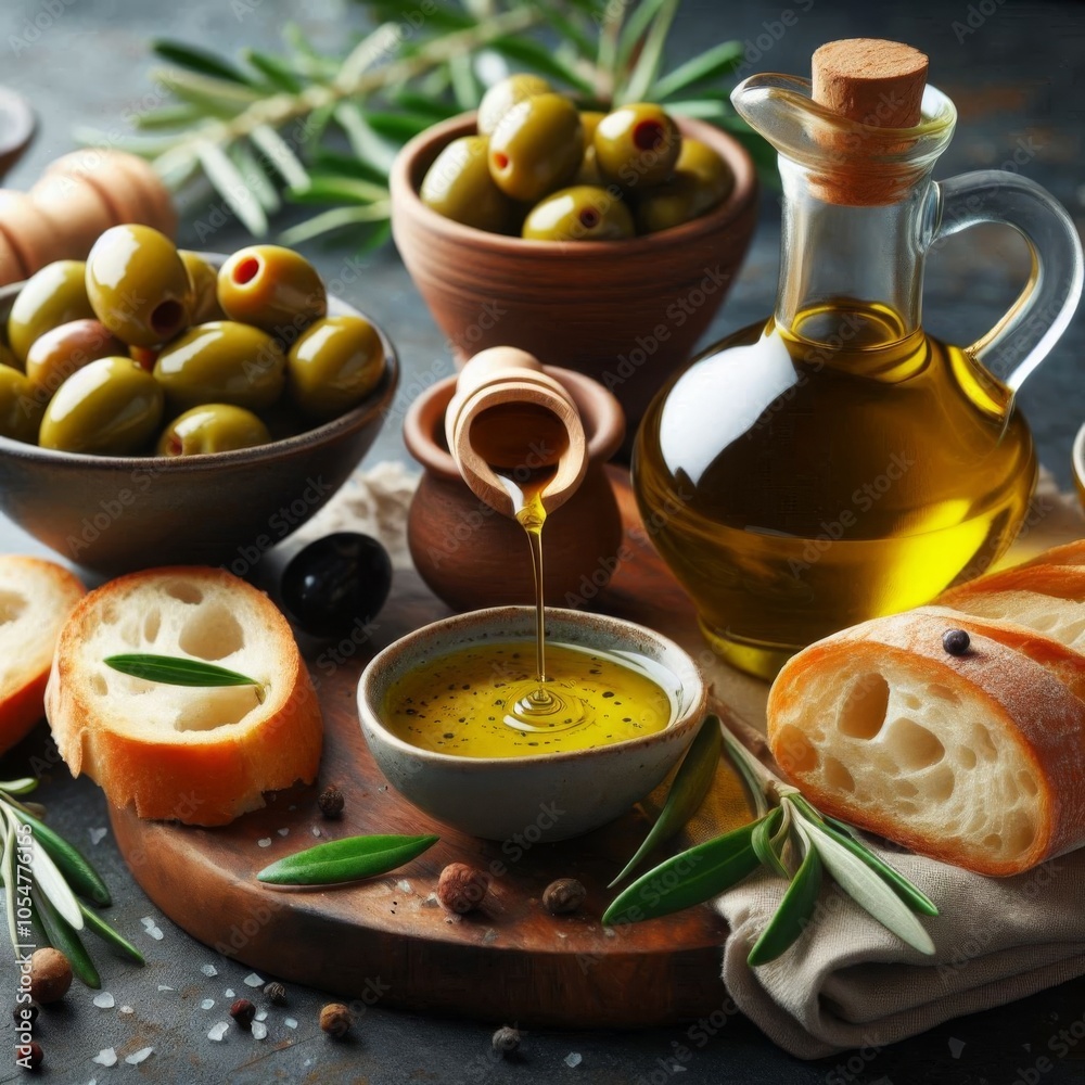 Fresh Mediterranean olive oil with olives and bread for dipping, a taste test of quality Fresh Mediterranean olive oil with olives and bread for dipping, a taste test of quality