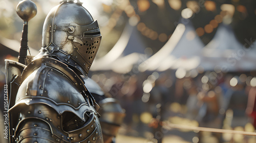 A knight in armor at an outdoor festival, wearing a metal chestplate and helmet with a visor, walking through the crowd of stalls selling medieval goods, Generative AI photo