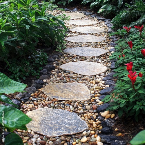 Garden path lined with pebbles and stepping stones photo