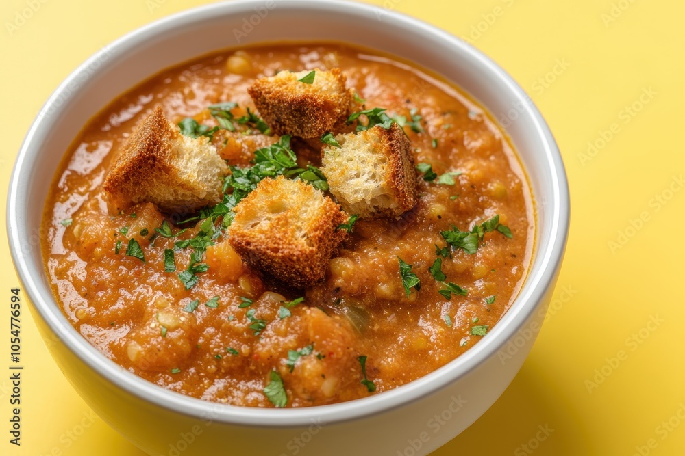 Close-Up of Split Pea Soup with Garnish and Croutons