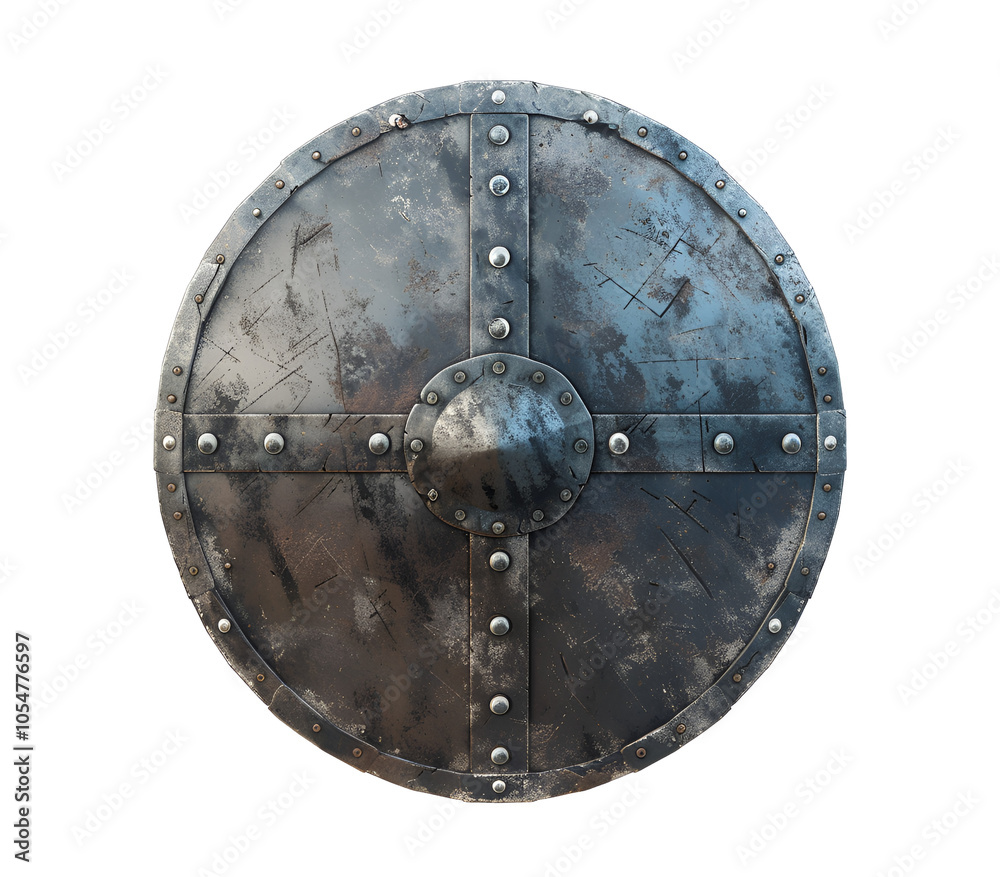 Naklejka premium A highly detailed and ultra-realistic medieval steel shield with no background, Generative AI