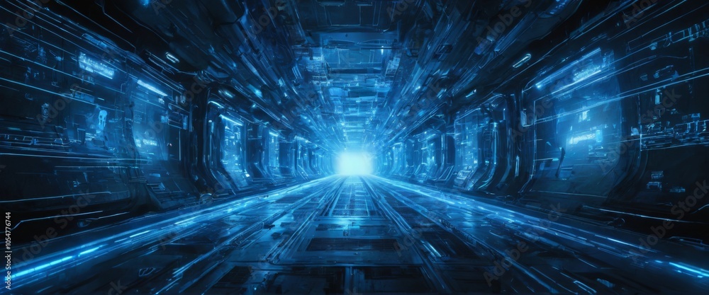Obraz premium Futuristic Data Network Corridor with Blue Light Grid in Contemporary Interior Design of Modern Server Technology