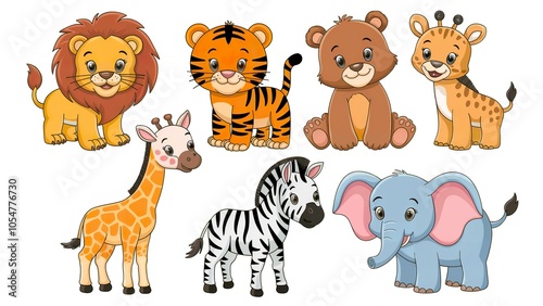  A colorful set of little cartoon animals. There is a lion, a tiger, a bear, a giraffe, a zebra, and an elephant