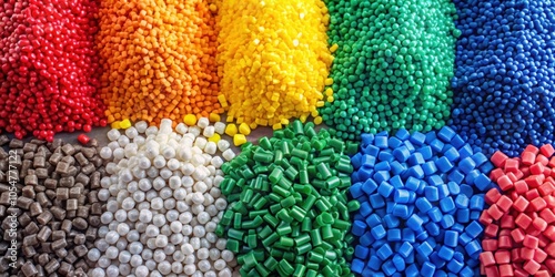 Closeup top view of colorful plastic polypropylene granules, masterbatch polymer grain , plastic, polypropylene, granules, colorful photo