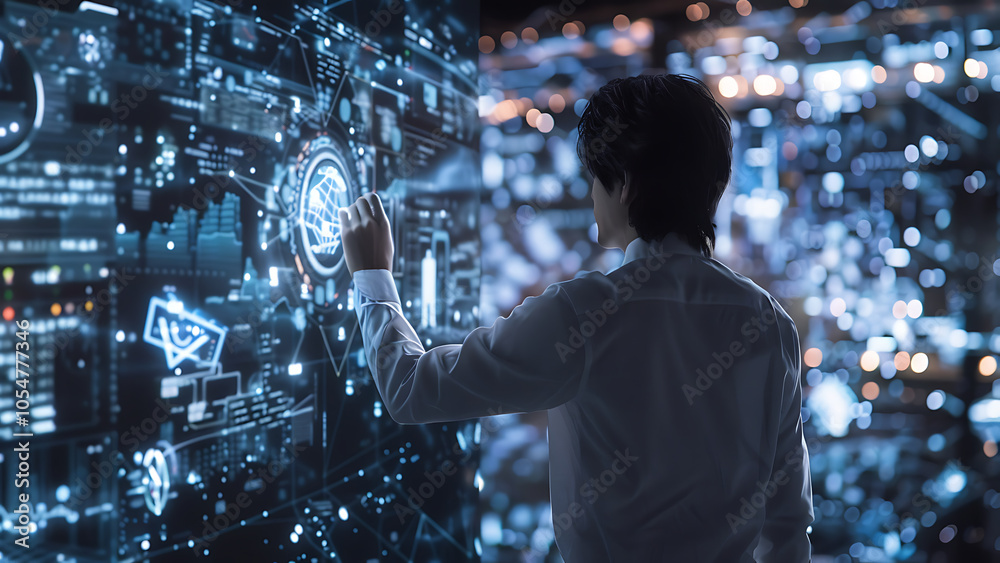 Man interacting with futuristic digital interface Man interacting with futuristic digital interface