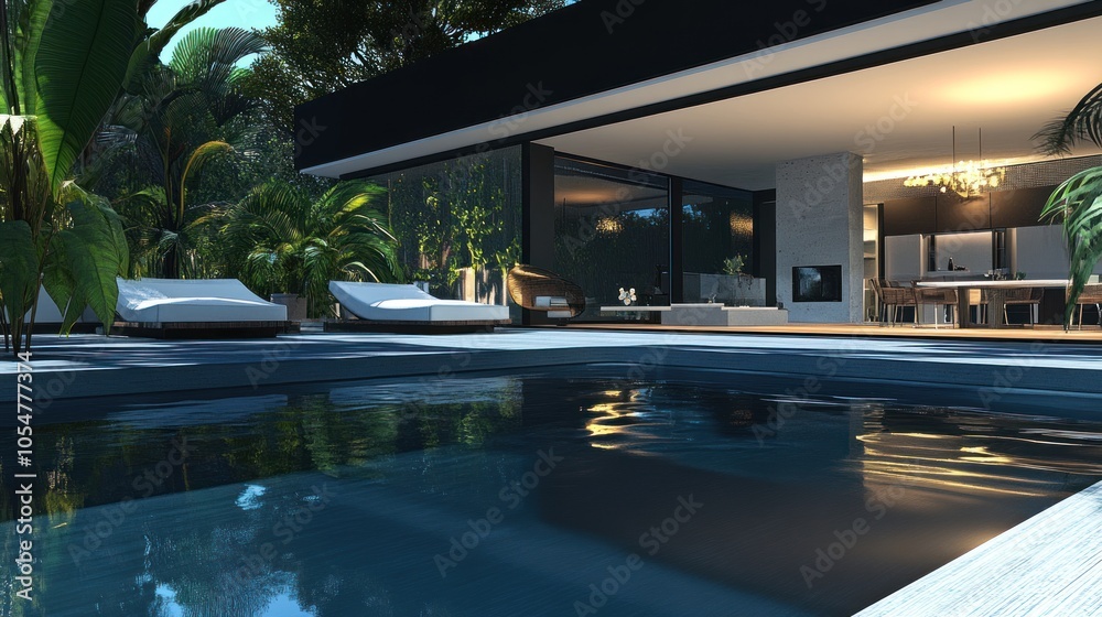 Modern villa with pool surrounded by lush greenery, showcasing contemporary architecture.