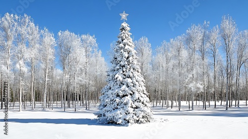 Serene Winter Wonderland Landscape with Snow Covered Christmas Tree : Generative AI