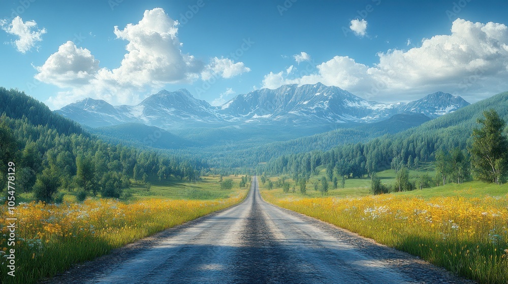 Scenic road leading through vibrant meadows towards majestic mountains. Scenic road leading through vibrant meadows towards majestic mountains.
