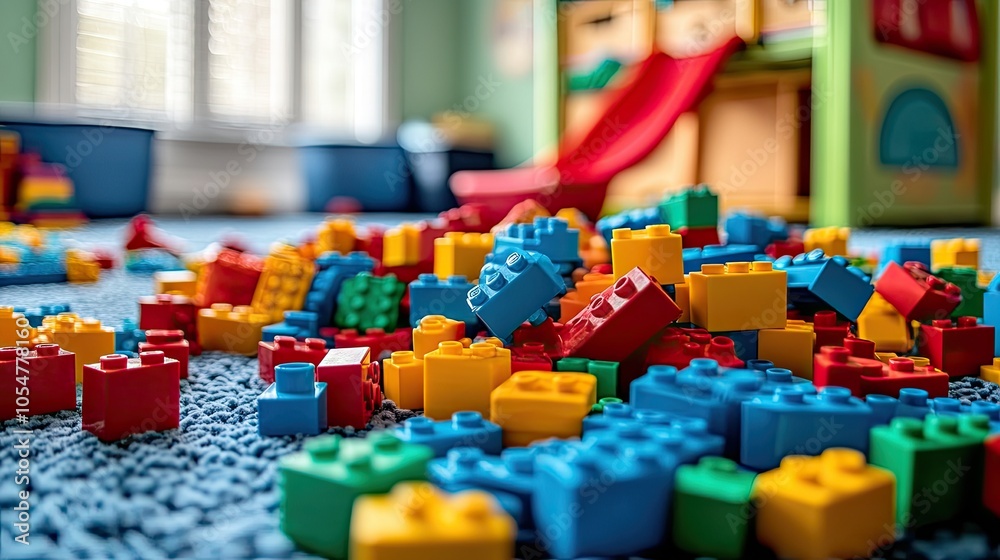 Obraz premium Colorful plastic building blocks scattered. This image is perfect for depicting childhood, creativity, and play.