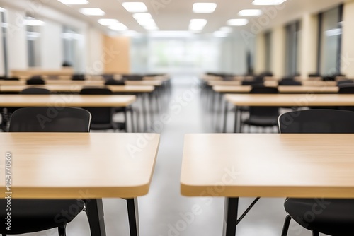 Spacious Classroom with Multiple Desks and Bright Overhead Lighting : Generative AI