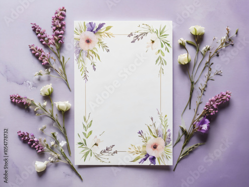 A blank wedding invitation adorned with a watercolor floral frame