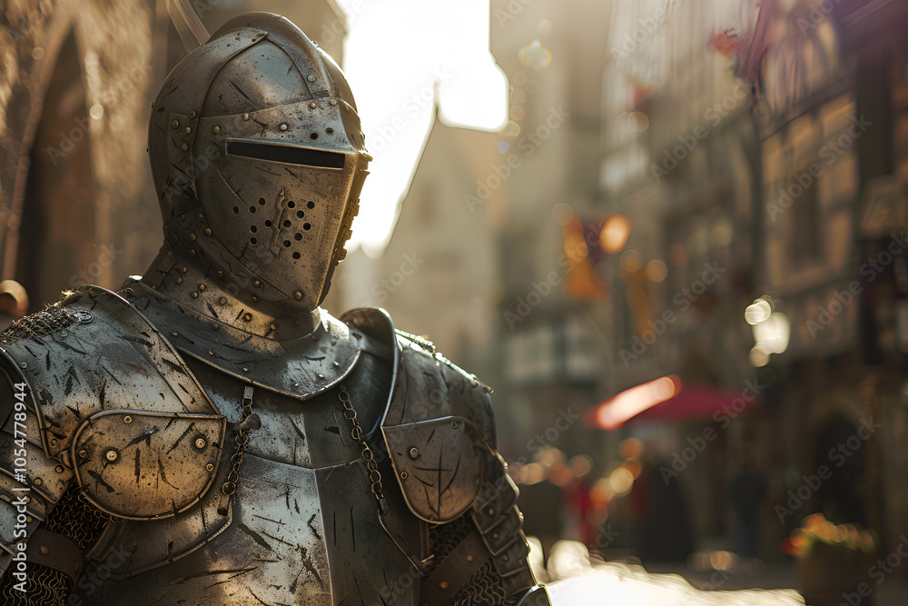 Medieval knight in armor, back view, walking through old city streets, Generative AI Medieval knight in armor, back view, walking through old city streets, Generative AI