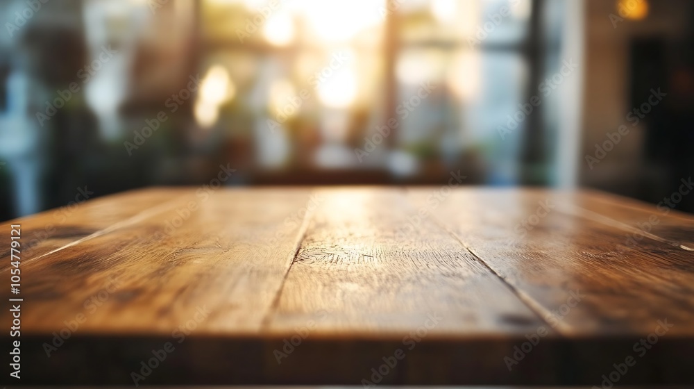 Sunlit wood table in modern cafe with warm light streaming through large windows at sunset : Generative AI Sunlit wood table in modern cafe with warm light streaming through large windows at sunset : Generative AI