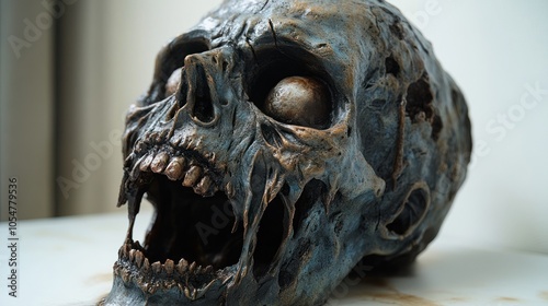 Realistic skull sculpture with detailed features and textures.
