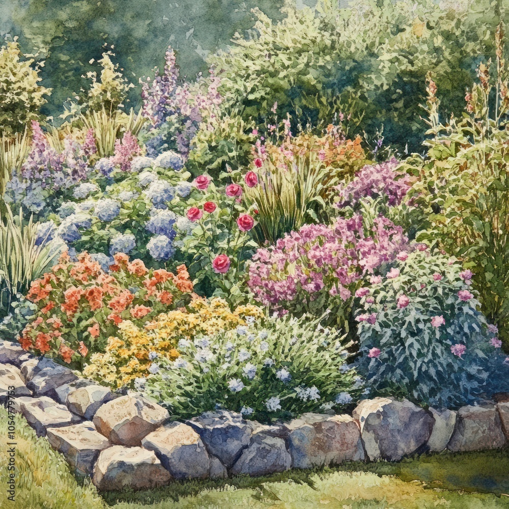 Garden border with flowering shrubs Garden border with flowering shrubs