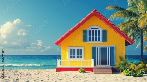 A vibrant yellow beach house with palm trees by the ocean under a clear blue sky.