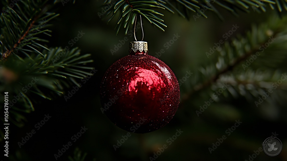 Festive Red Christmas Bauble Hanging on Evergreen Branch with Dark Background : Generative AI Festive Red Christmas Bauble Hanging on Evergreen Branch with Dark Background : Generative AI