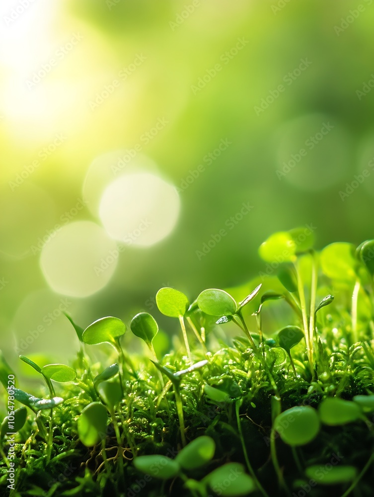 Closeup of Fresh Green Seedlings with Sunlight and Bokeh Effect : Generative AI Closeup of Fresh Green Seedlings with Sunlight and Bokeh Effect : Generative AI