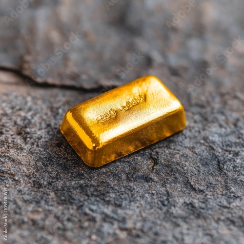 A shiny gold bar resting on a textured surface.