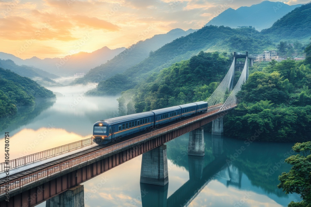 Obraz premium Train Crossing Bridge Through Misty Mountain Valley