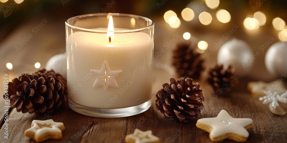 Rustic Christmas candle decoration with pinecones and cookies Rustic Christmas candle decoration with pinecones and cookies