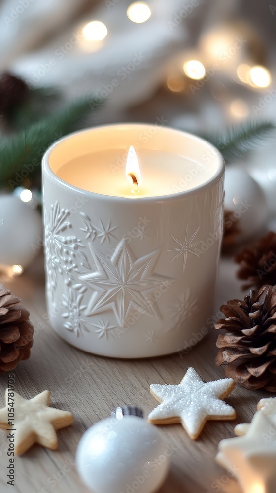Rustic Christmas candle decoration with pinecones and cookies