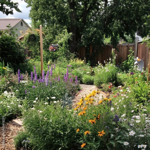 Backyard garden with blooming perennials