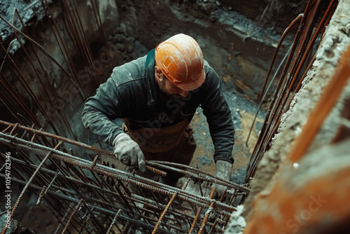 Construction worker connect reinforcement deform bar with binding wire.