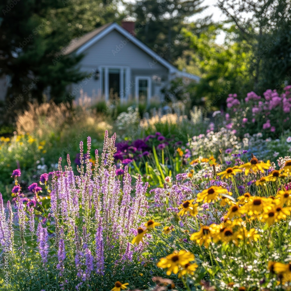 Backyard garden with blooming perennials Backyard garden with blooming perennials