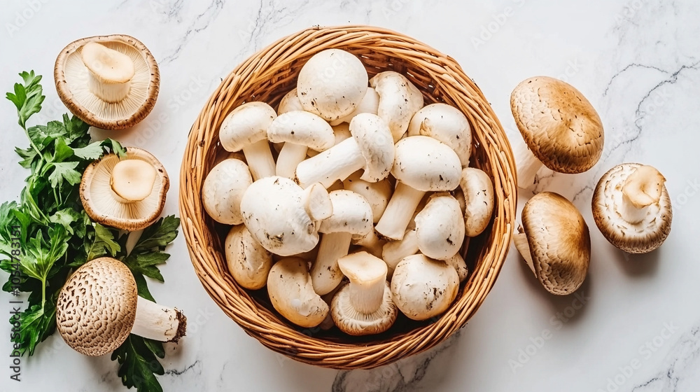 Fototapeta premium various mushrooms arranged in a flat lay on a neutral background, symbolizing nature's diversity, health, and renewal. Each variety highlights unique textures and earthy tones