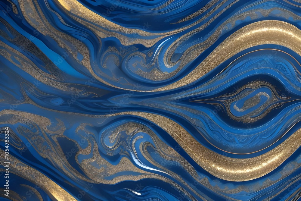 Obraz premium Abstract pattern of rich marble with liquid metal appearance in gold, silver, and deep blue hues