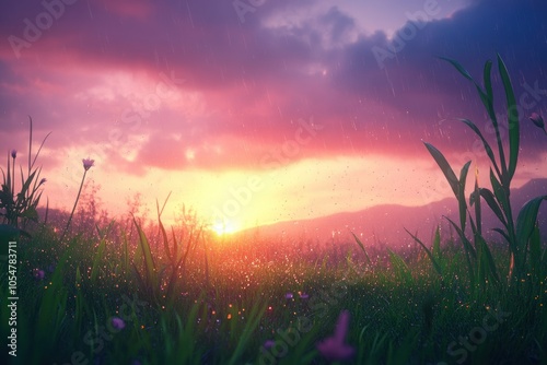 Serene Sunset Over Dewy Field with Gentle Rain