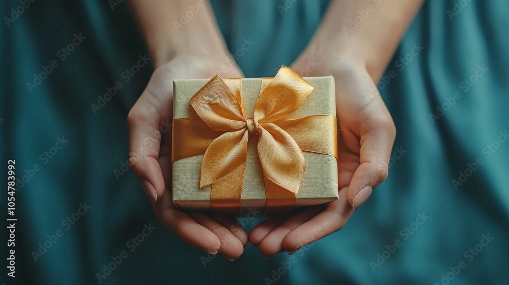 Gift Box in Hands on Blue Background for Holiday Promotions Gift Box in Hands on Blue Background for Holiday Promotions