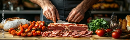 Woman preparing meal by cutting salami and vegetables