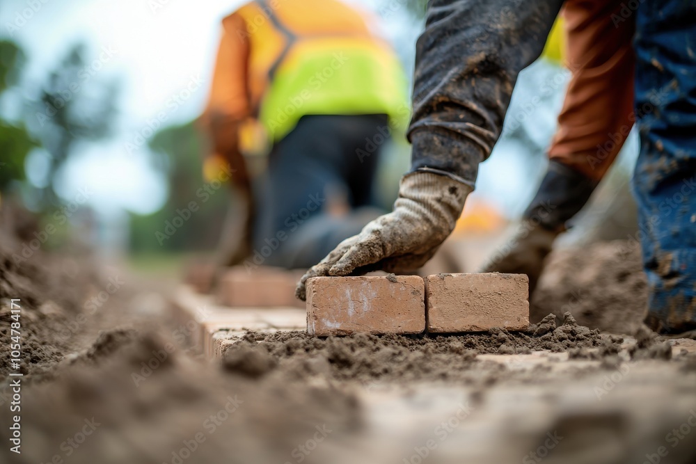 Construction worker laying bricks on a worksite with dirt foreground. Construction worker laying bricks on a worksite with dirt foreground.