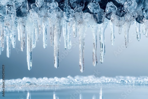 Close-up image of icicles hanging from a structure, showcasing intricate ice formations and a glistening surface below