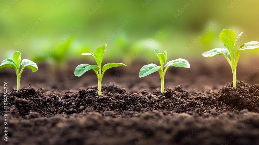 Fototapeta premium Young seedlings sprouting in rich soil under vibrant sunlight symbolizing growth and sustainability : Generative AI