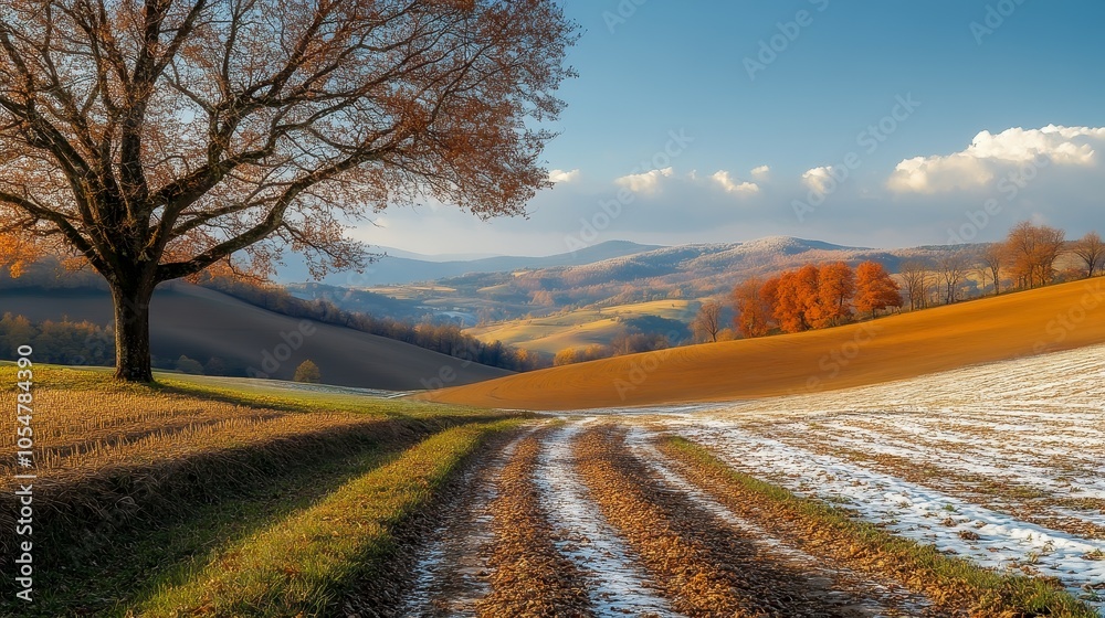 Naklejka premium A serene landscape featuring rolling hills, a dirt path, and a solitary tree with autumn leaves against a backdrop of fields and distant mountains