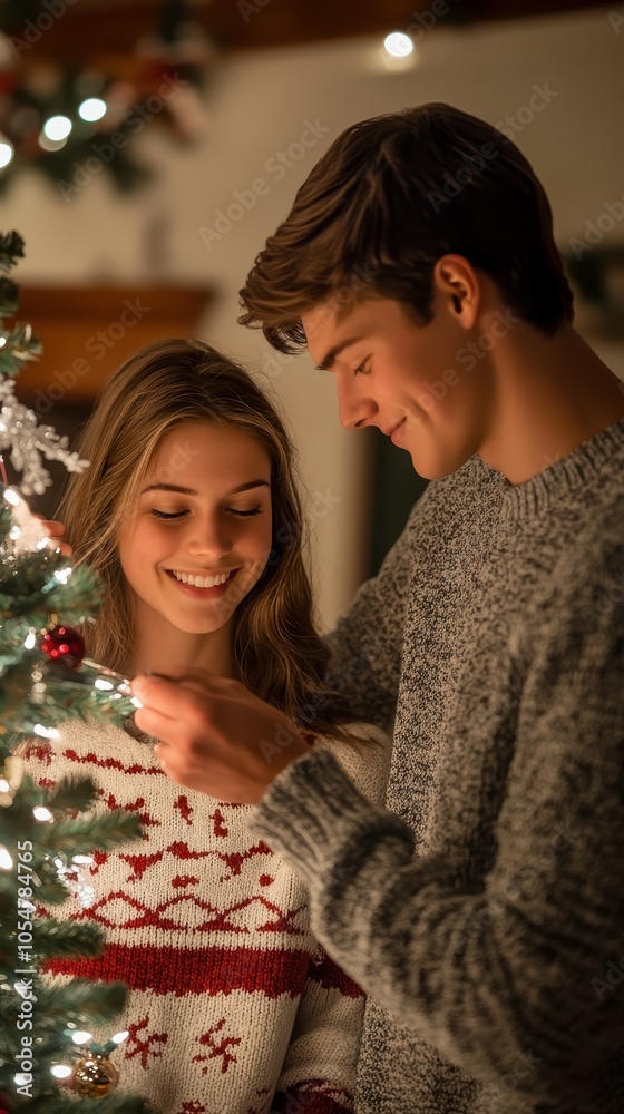 A cheerful couple decorates a Christmas tree together, capturing a warm and joyful holiday spirit in a cozy, festive setting