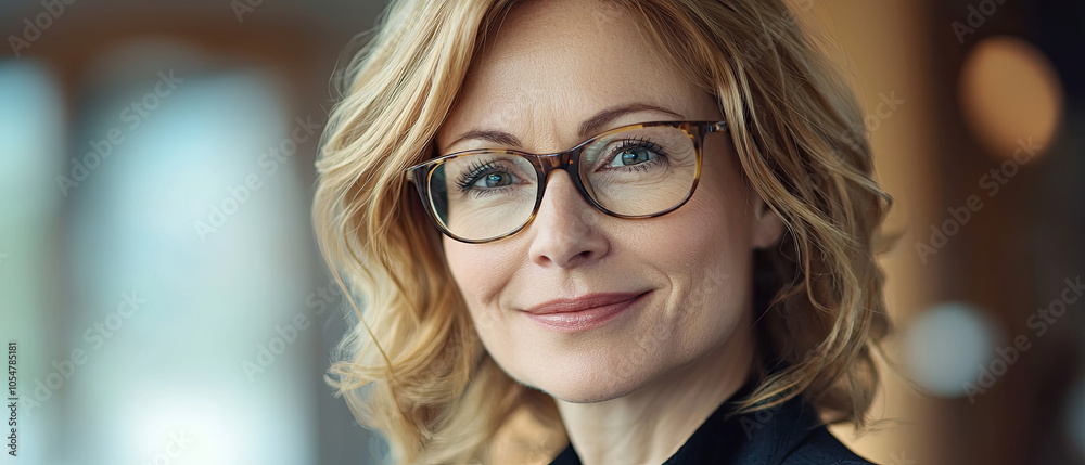 Close up portrait of beautiful smiling business woman with glasses in office, generative AI Close up portrait of beautiful smiling business woman with glasses in office, generative AI